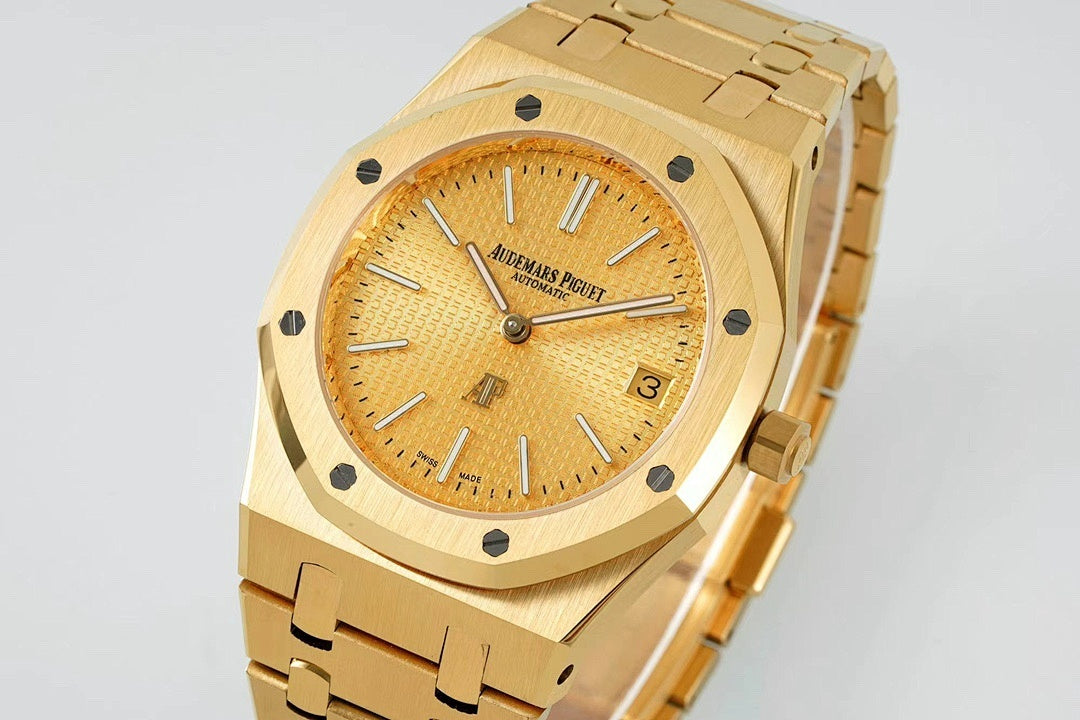 Gold-tone watch with champagne dial, octagonal bezel screws, and date at 3