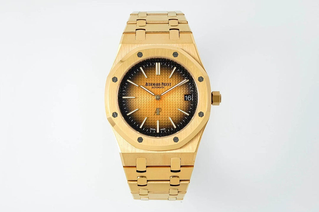 Gold-tone Audemars Piguet automatic watch, black textured dial, baton hands, date 16