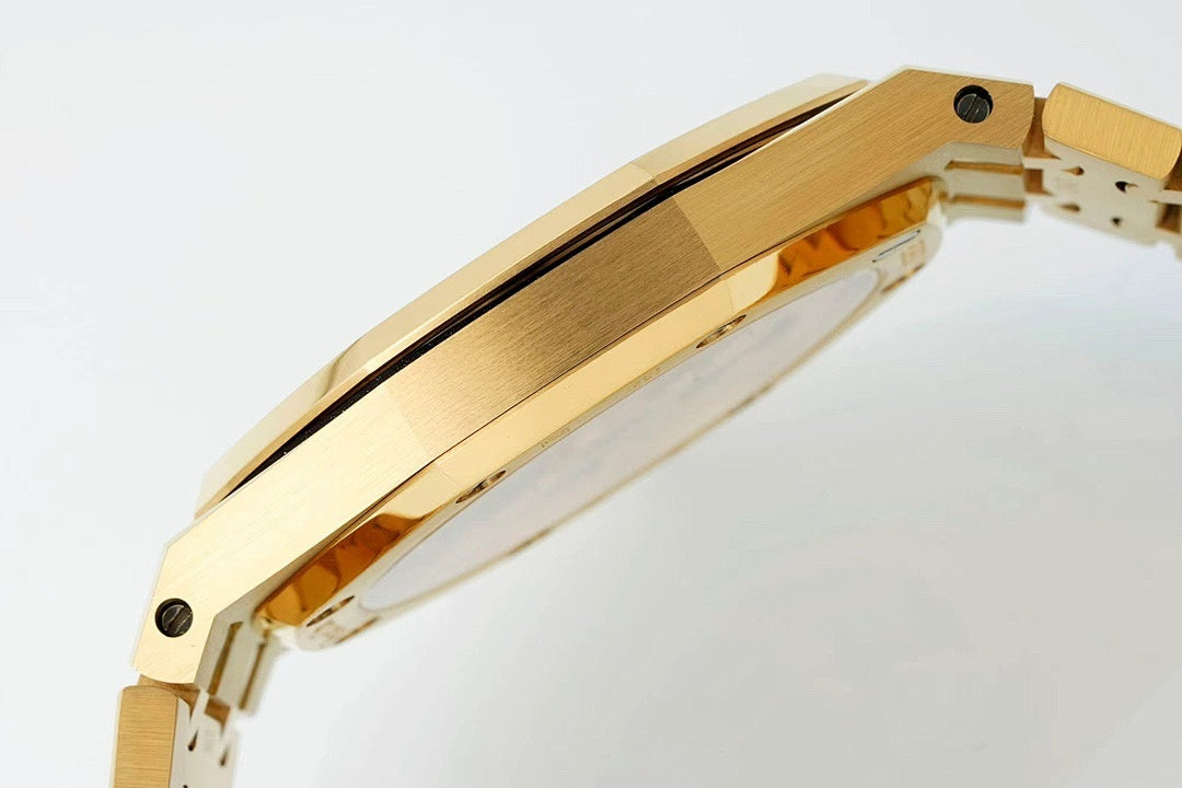 Gold-tone Audemars Piguet watch side view with brushed bezel and crown at 3 o'clock