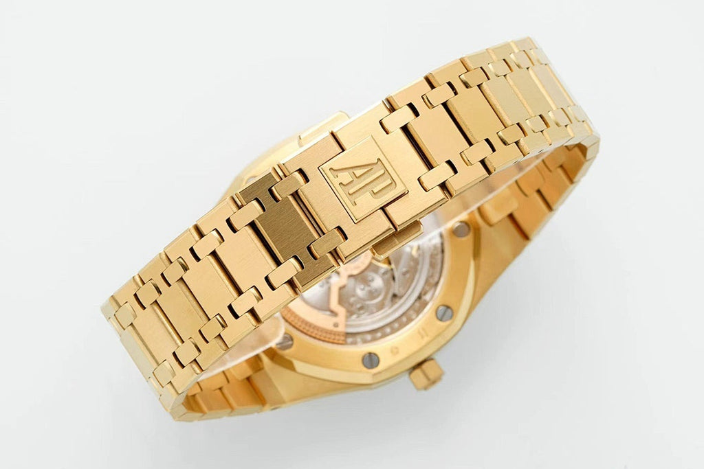 Gold-tone Audemars Piguet watch on bracelet with caseback view and screw details