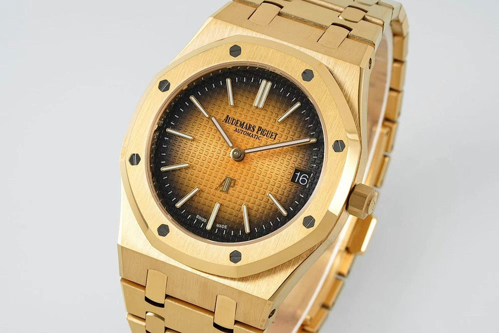 Gold-tone Audemars Piguet automatic watch with black textured dial and date window at 16