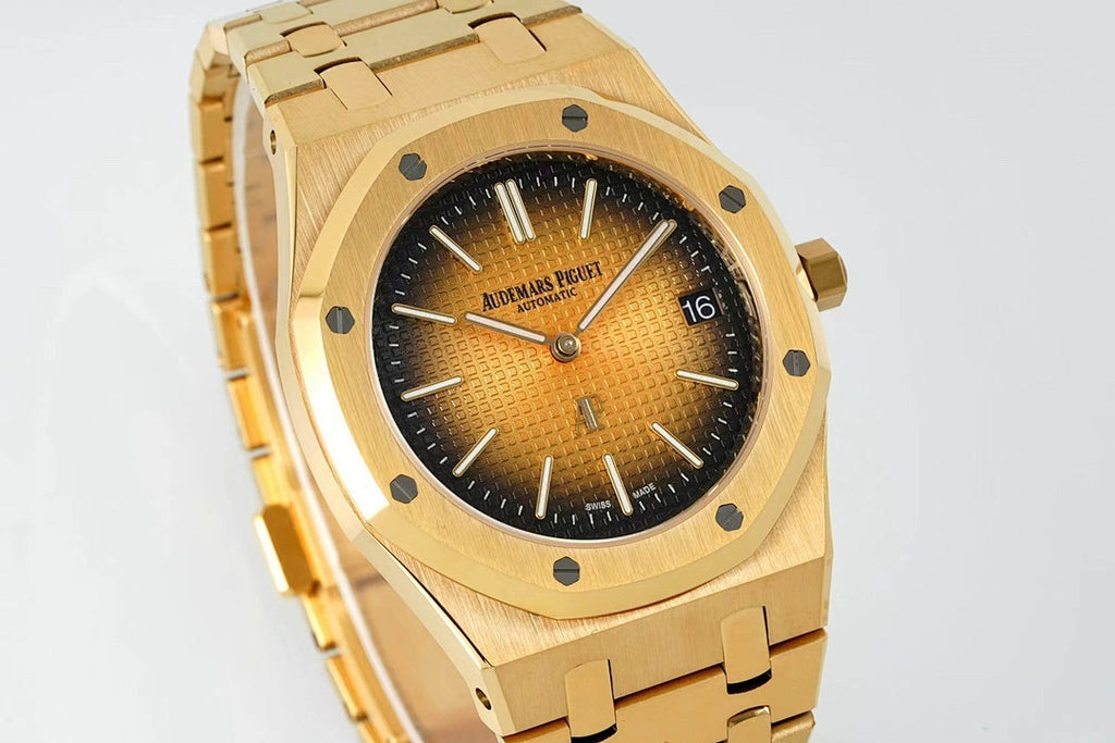 Gold-tone Audemars Piguet watch front view with black dial, baton hands, and date 16