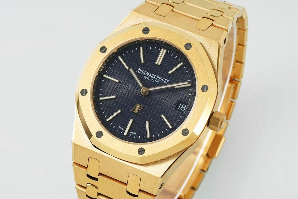 Gold-tone Audemars Piguet wristwatch angled view with dark blue dial and bracelet