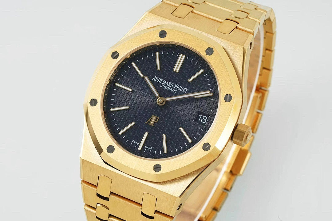 Gold-tone Audemars Piguet wristwatch angled view with dark blue dial and bracelet
