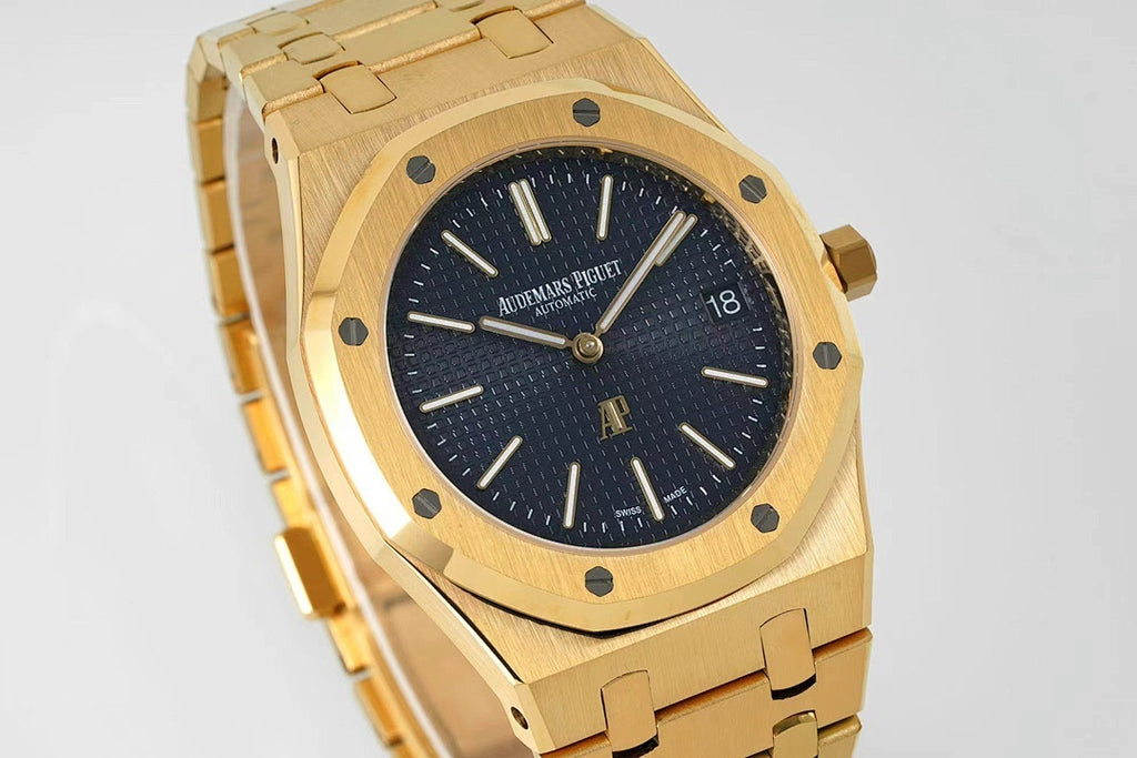 Gold-tone Audemars Piguet wristwatch close-up with dark blue dial and gold markers