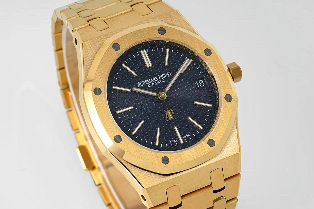 Gold-tone Audemars Piguet wristwatch close-up with dark blue dial and gold markers