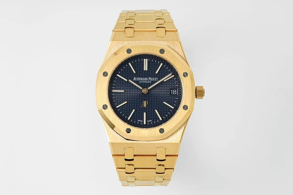 Gold-tone Audemars Piguet wristwatch front view with dark blue dial and link bracelet