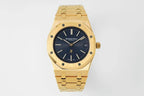 Gold-tone Audemars Piguet wristwatch front view with dark blue dial and link bracelet