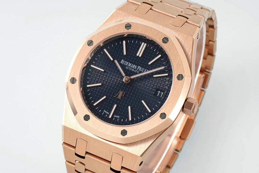 Rose gold-tone wristwatch angled front view with dark blue dial and metal link bracelet.