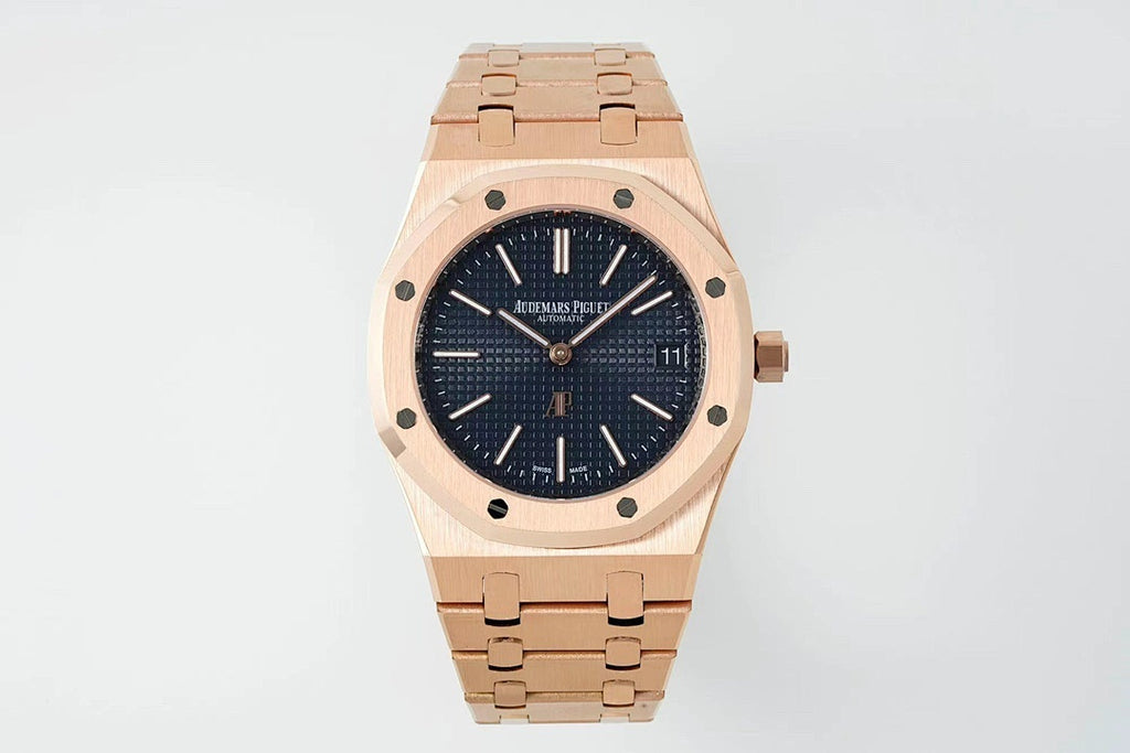 Rose gold-tone wristwatch front view with dark blue dial and metal link bracelet.