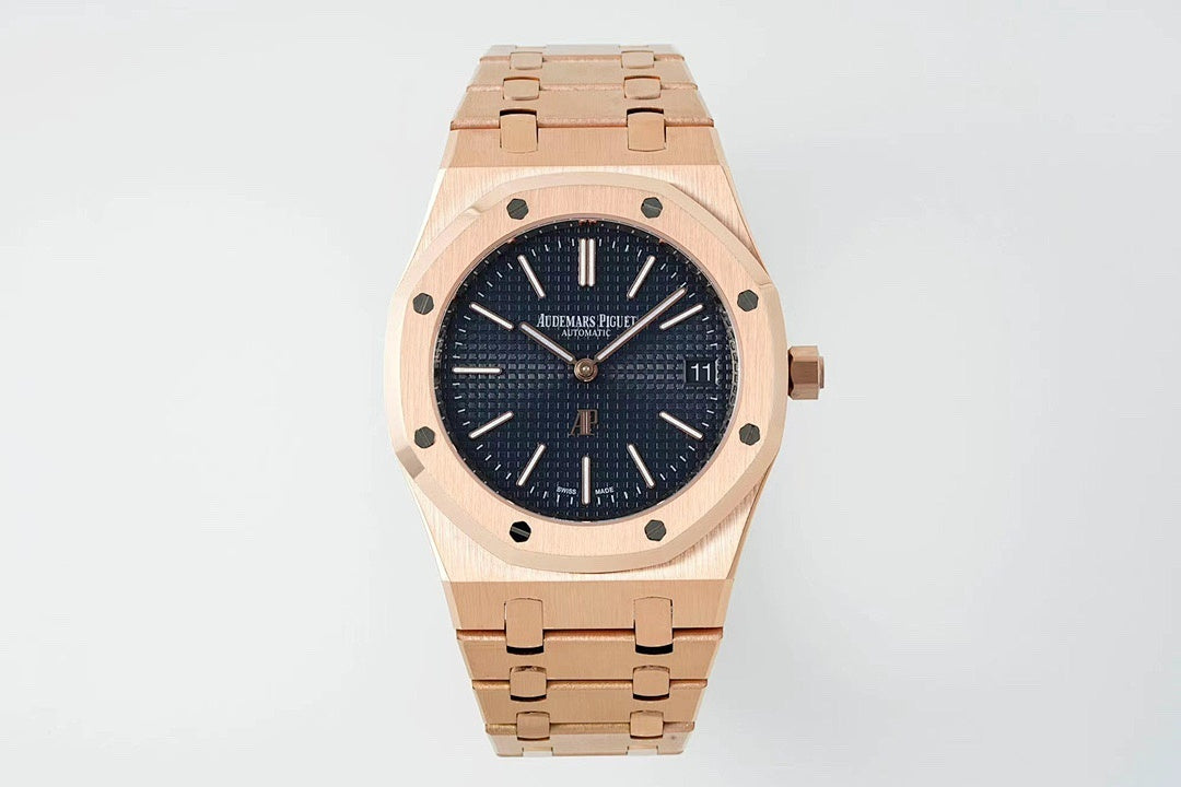Rose gold-tone wristwatch front view with dark blue dial and metal link bracelet.