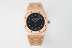 Audemars Piguet rose gold watch with black dial, octagonal bezel, diamond markers