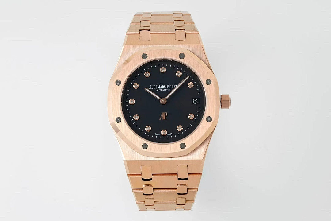 Audemars Piguet rose gold watch with black dial, octagonal bezel, diamond markers