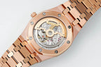 Audemars Piguet rose gold watch showing open dial and bracelet links in close-up
