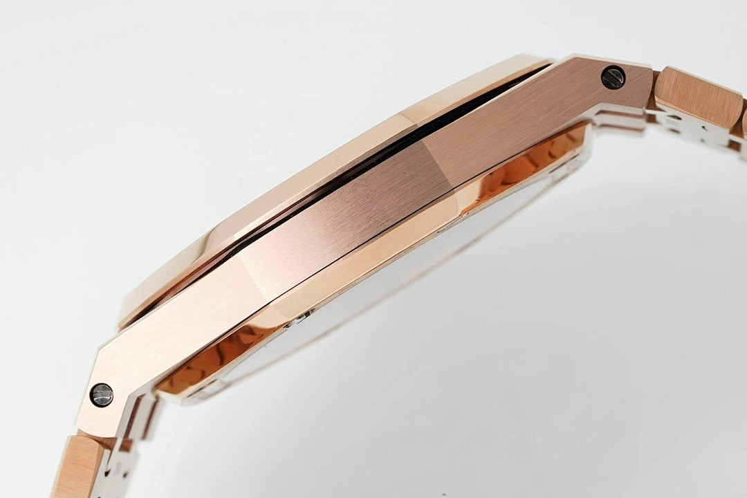 Audemars Piguet rose gold watch case side view with polished bezel and crown