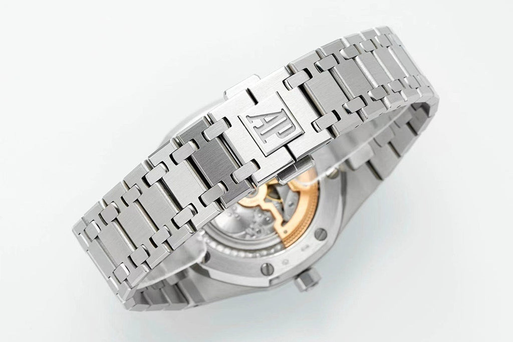 Audemars Piguet wristwatch with steel link bracelet and clasp, dial-side angled