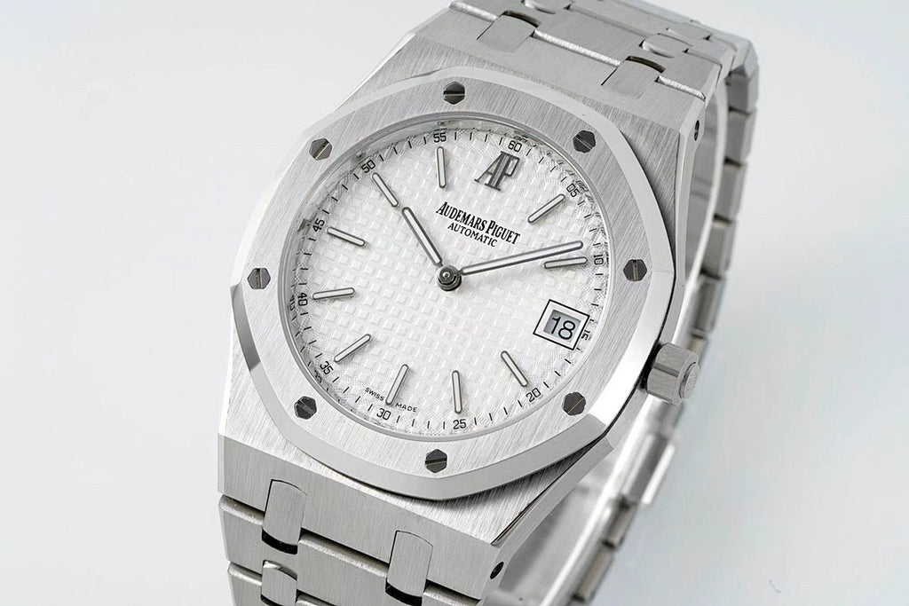 Men's Audemars Piguet wristwatch front view with white dial, bezel screws, date window