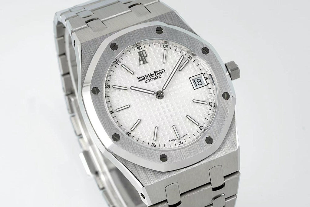 Men's Audemars Piguet wristwatch angled view with steel bracelet and white dial
