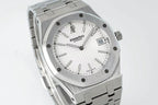 Men's Audemars Piguet wristwatch angled view with steel bracelet and white dial