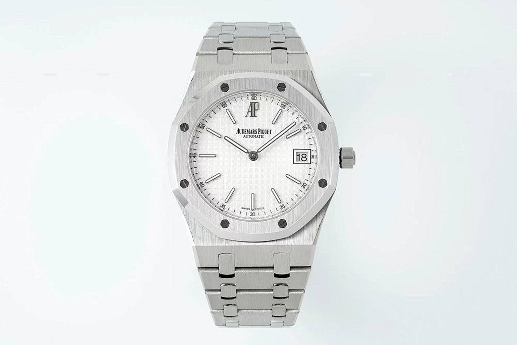 Men's Audemars Piguet steel wristwatch with white dial and date window, centered