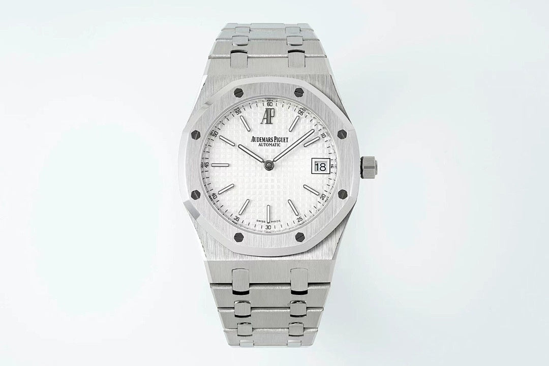 Men's Audemars Piguet steel wristwatch with white dial and date window, centered