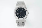 Audemars Piguet steel wristwatch with black dial, octagonal bezel, and link bracelet
