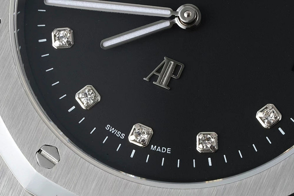 Audemars Piguet black dial wristwatch with diamond hour markers and silver hands