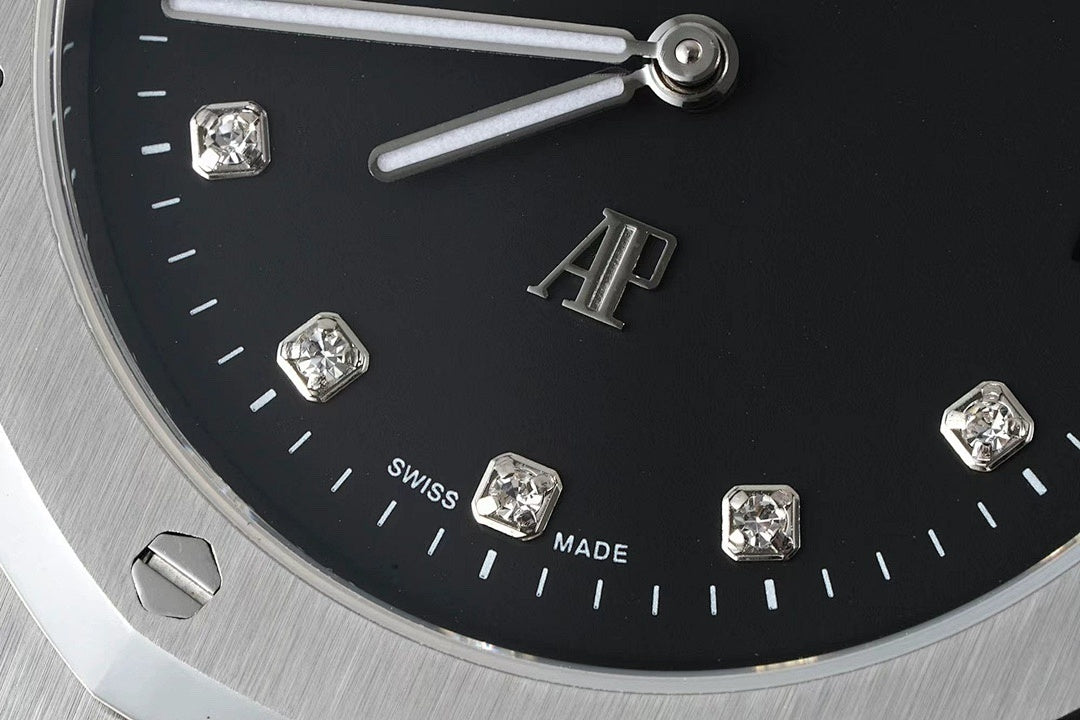 Audemars Piguet black dial wristwatch with diamond hour markers and silver hands