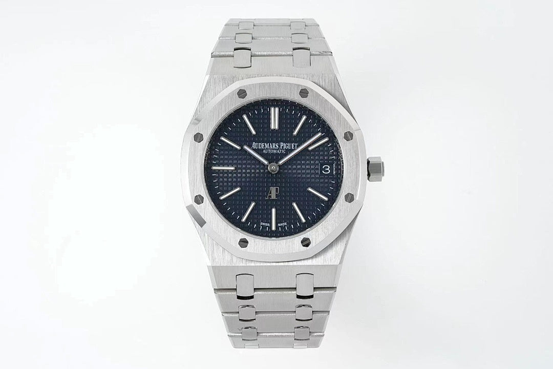 Audemars Piguet stainless steel watch with blue dial and metal bracelet