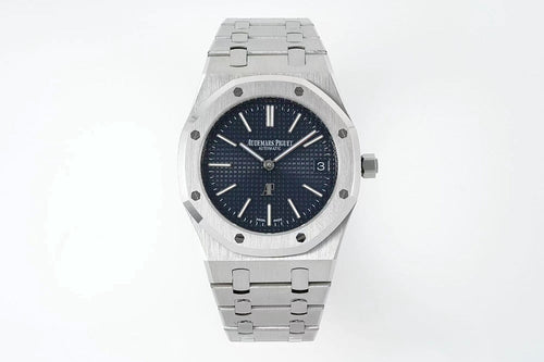 Audemars Piguet stainless steel watch with blue dial and metal bracelet