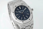 Audemars Piguet stainless steel watch front with textured dark blue dial