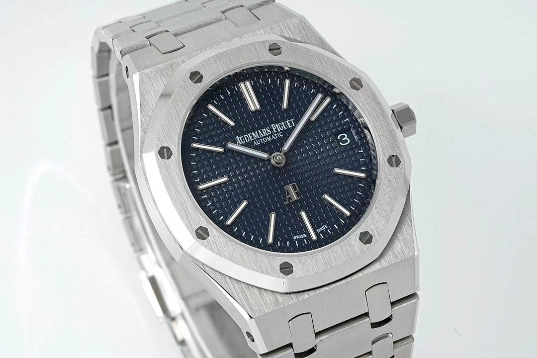 Audemars Piguet stainless steel watch front with textured dark blue dial