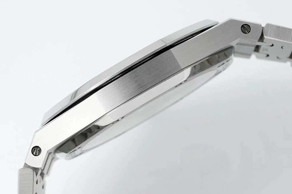 Audemars Piguet automatic watch brushed steel side profile with crown on the right