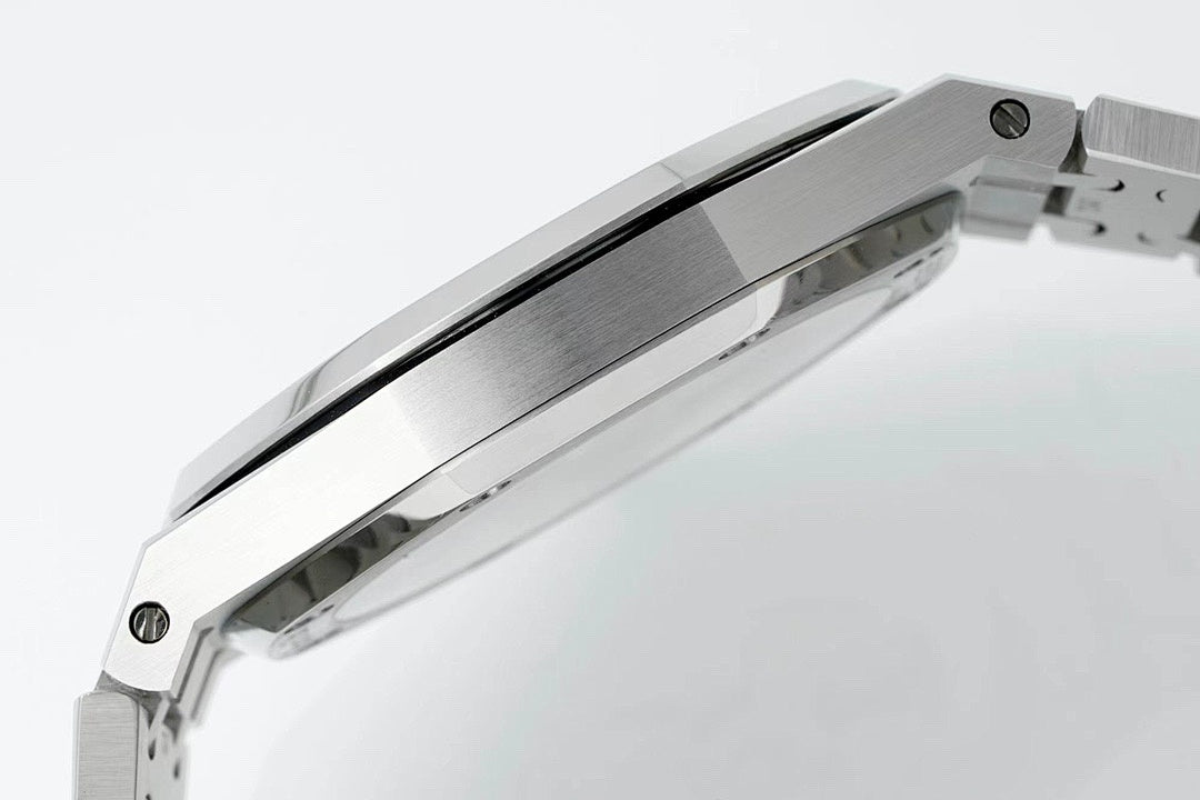 Audemars Piguet automatic watch brushed steel side profile with crown on the right