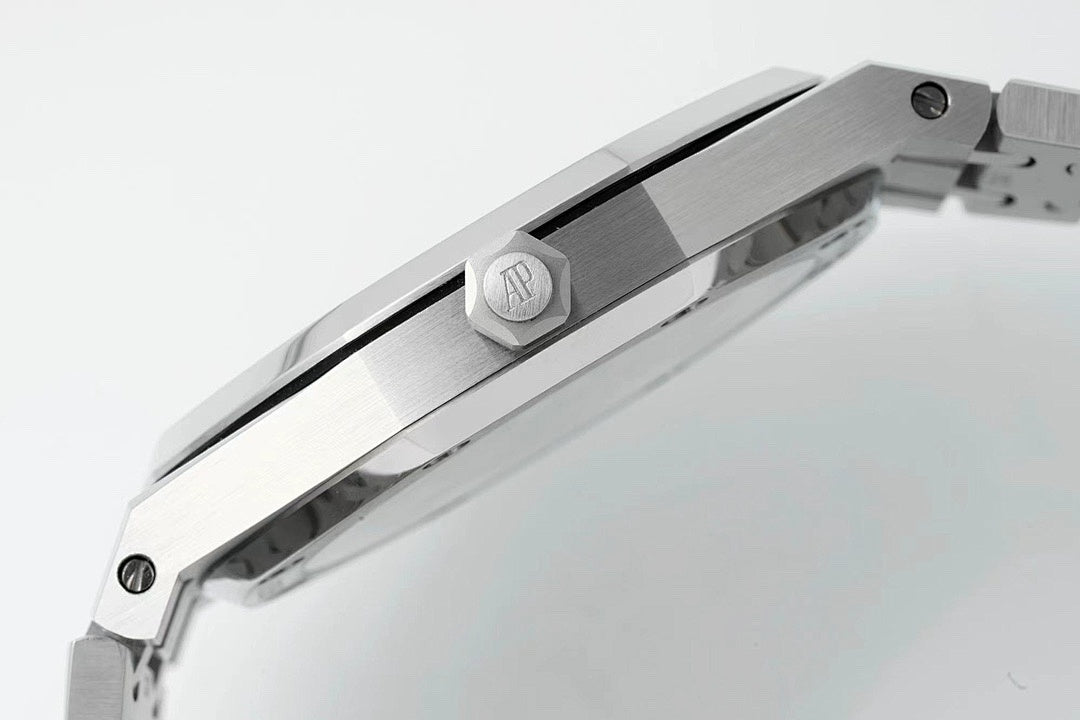 Audemars Piguet automatic watch steel case detail with circular logo on the strap
