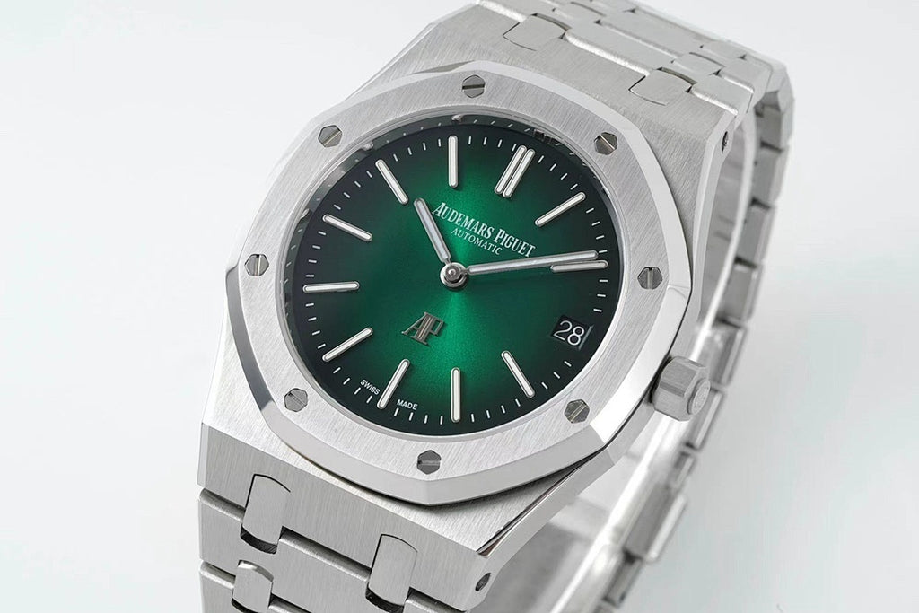 Audemars Piguet automatic watch front view, green dial and steel bracelet with date marker