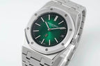 Audemars Piguet automatic watch front view, green dial and steel bracelet with date marker