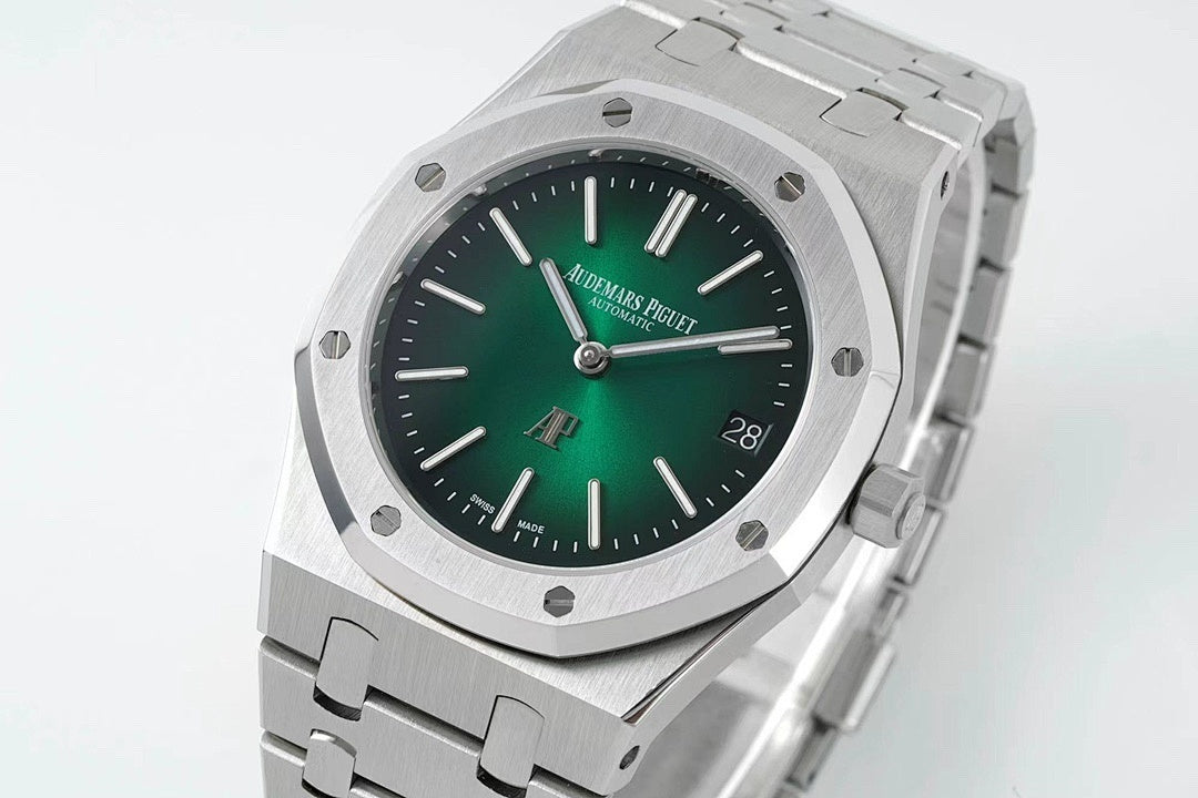 Audemars Piguet automatic watch front view, green dial and steel bracelet with date marker
