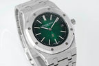 Audemars Piguet automatic watch three-quarter view with green dial and steel link bracelet