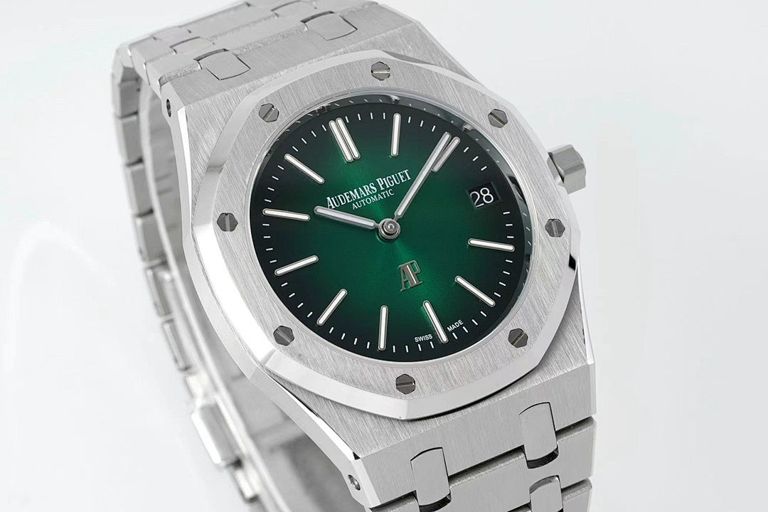 Audemars Piguet automatic watch three-quarter view with green dial and steel link bracelet
