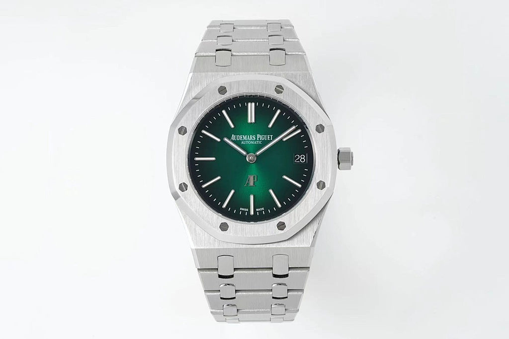 Audemars Piguet automatic watch front view with green dial and steel bracelet, date window