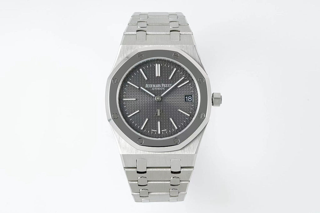 Men's stainless steel wristwatch with dark dial and metal link bracelet