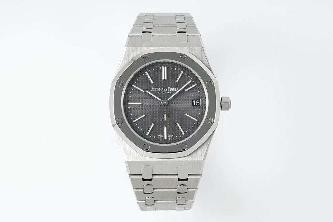 Men's stainless steel wristwatch with dark dial and metal link bracelet
