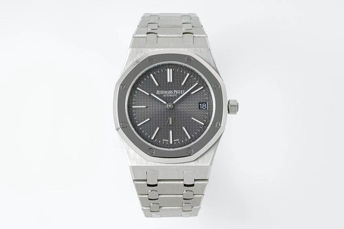 Men's stainless steel wristwatch with dark dial and metal link bracelet