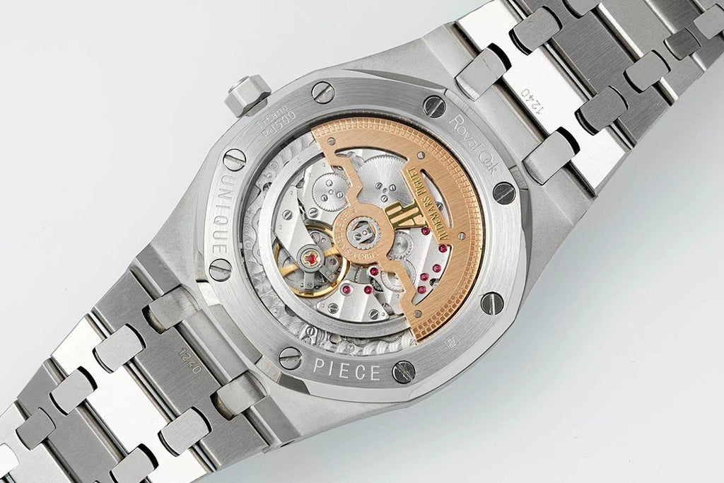 Men's stainless steel wristwatch with open dial showing gold-toned gears