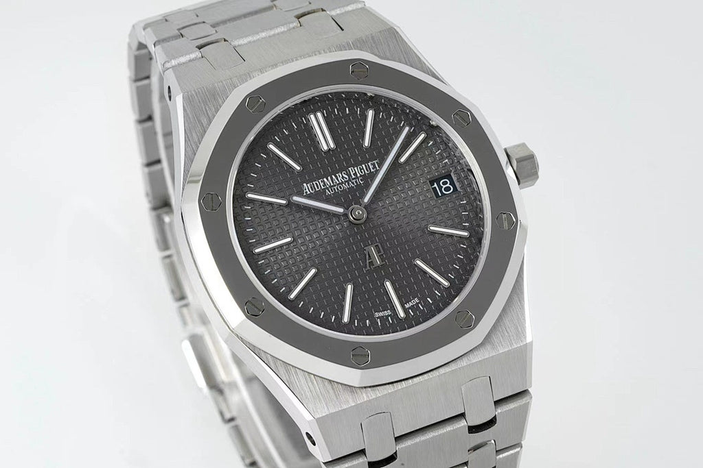 Men's stainless steel wristwatch with dark dial and baton markers