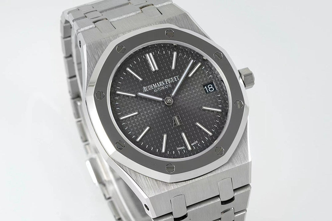 Men's stainless steel wristwatch with dark dial and baton markers