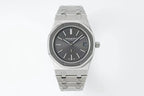 Men's stainless steel wristwatch front view with dark dial and link bracelet