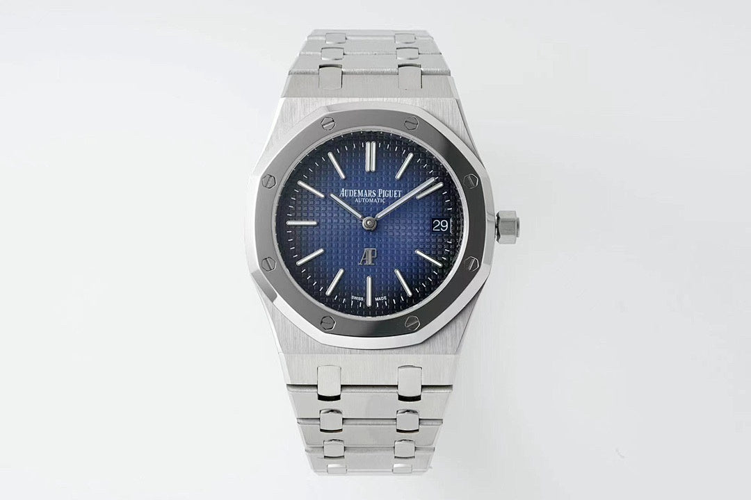 Audemars Piguet stainless steel watch with blue dial and metal bracelet, date marker at 29