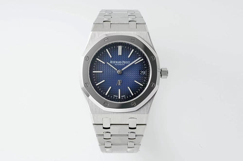Audemars Piguet stainless steel watch with blue dial and metal bracelet, date marker at 29